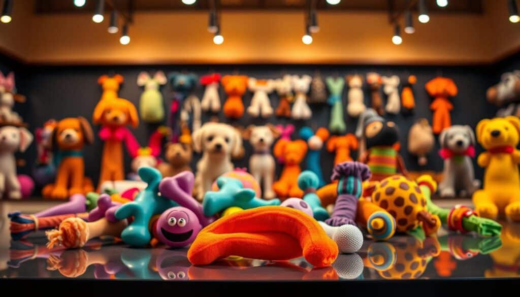 A stylish array of dog toys in an enticing display, illuminated by warm overhead lighting and captured with a shallow depth of field. In the foreground, an assortment of colorful, whimsical dog toys similar to the Multipet Jumbo Gumby Dog Toy, arranged artfully on a sleek, reflective surface. In the middle ground, additional toy options in various shapes and textures, hinting at the breadth of the product line. The background is softly blurred, emphasizing the focus on the similar products. The overall atmosphere is one of playful sophistication, inviting the viewer to consider these appealing alternatives. A stylish array of dog toys in an enticing display, illuminated by warm overhead lighting and captured with a shallow depth of field. In the foreground, an assortment of colorful, whimsical dog toys similar to the Multipet Jumbo Gumby Dog Toy, arranged artfully on a sleek, reflective surface. In the middle ground, additional toy options in various shapes and textures, hinting at the breadth of the product line. The background is softly blurred, emphasizing the focus on the similar products. The overall atmosphere is one of playful sophistication, inviting the viewer to consider these appealing alternatives.