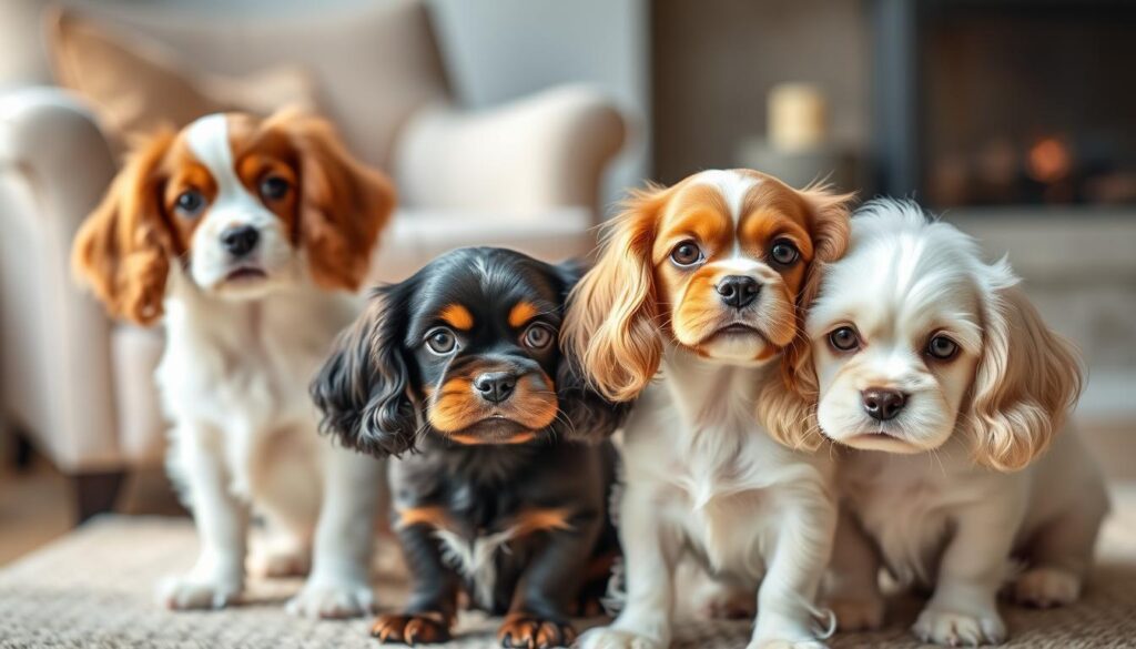 A tranquil scene of three English Toy Spaniel dogs, their soft, silky coats in a range of colors - chestnut, black and tan, and pearlescent white - captured in natural light. The dogs are positioned in the foreground, their expressive eyes and floppy ears conveying their gentle, affectionate nature. The middle ground features a cozy, domestic setting, perhaps a plush armchair or a warm fireplace, hinting at the breed's reputation as loyal and loving family companions. The background is softly blurred, allowing the viewer to focus on the captivating details of the Toy Spaniels' elegant, compact build and their distinctive, feathered features. A calming, inviting atmosphere pervades the image, reflecting the charm and appeal of this delightful toy dog breed.