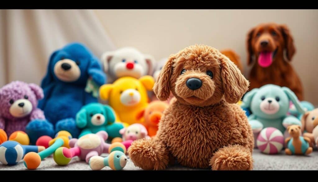 A vibrant assortment of plush dog toys in various sizes=